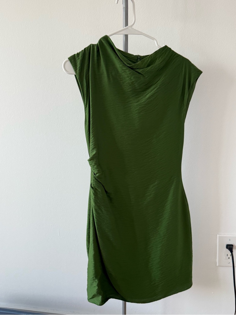 Mango Olive Green Draped Cap-Sleeve Mini Dress